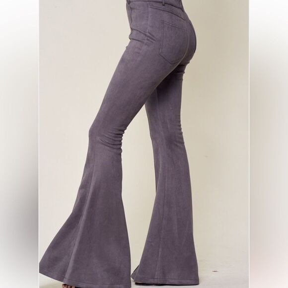 Seamed Gunmetal Gray Tailored Suede Bell Bottom Flare Pants - Picture 6 of 7
